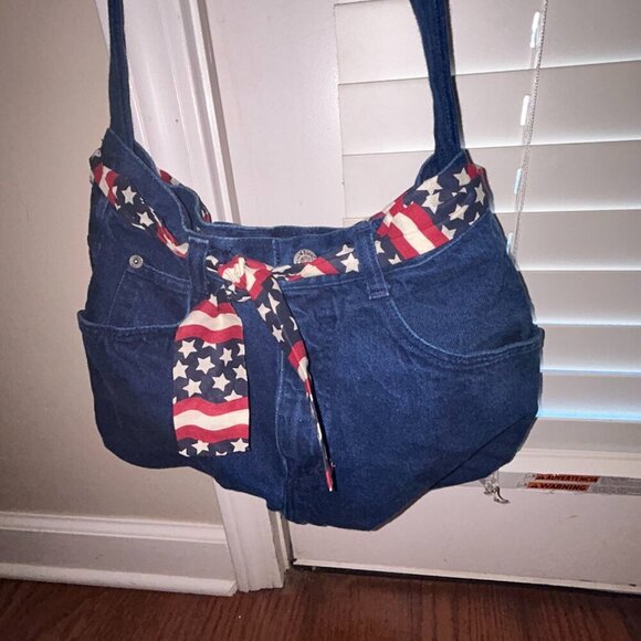 Repurposed Upcycled Denim Purse USA Patriotic Flag Shoulder Bag Bonjour Jeans - Picture 3 of 13